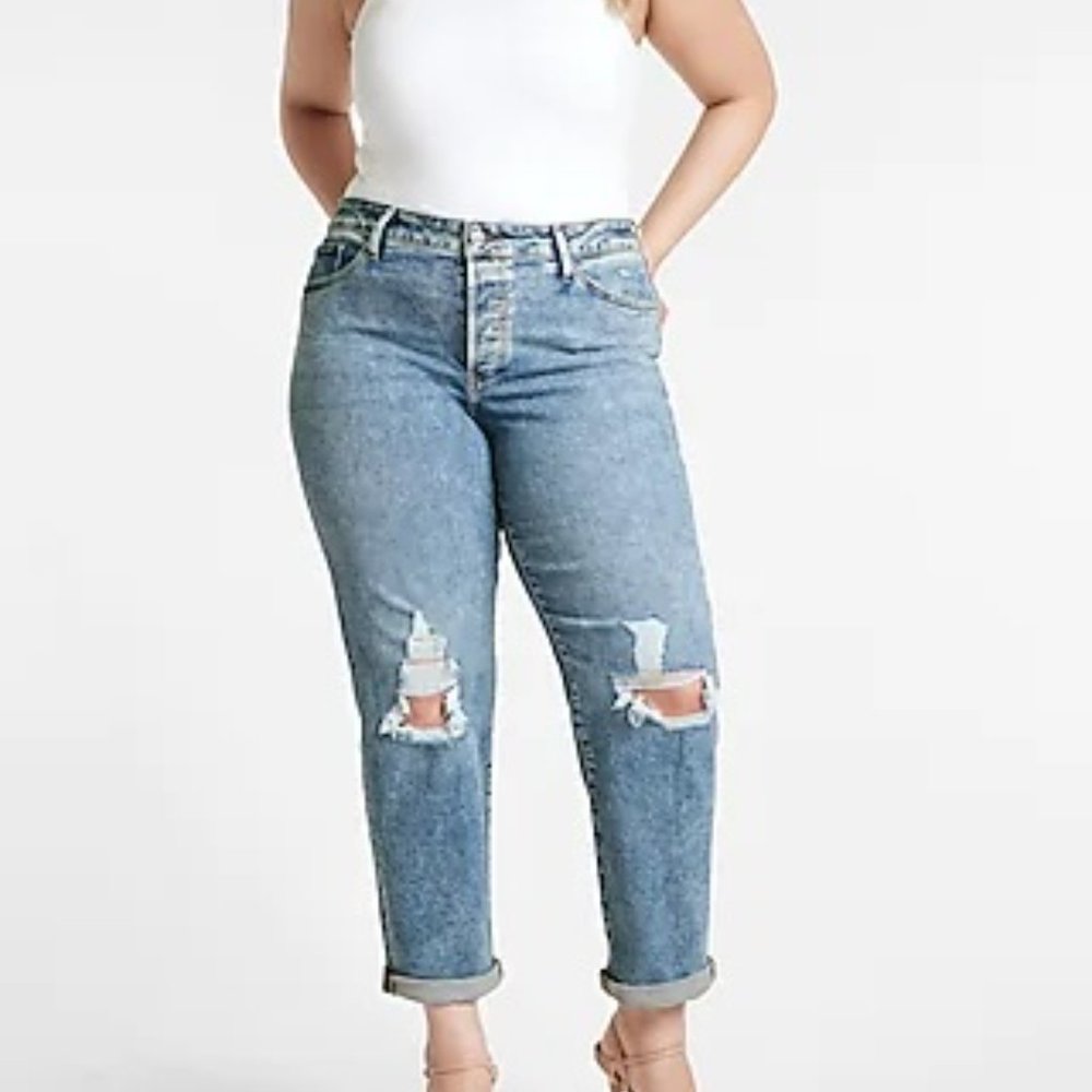 Express Mid Rise Medium Wash Ripped Boyfriend Jeans